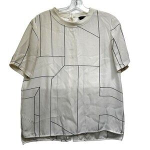 Theory NEW Klima Silk Button Back Silk Tee Blouse Geo Print Minimalist Neutral M